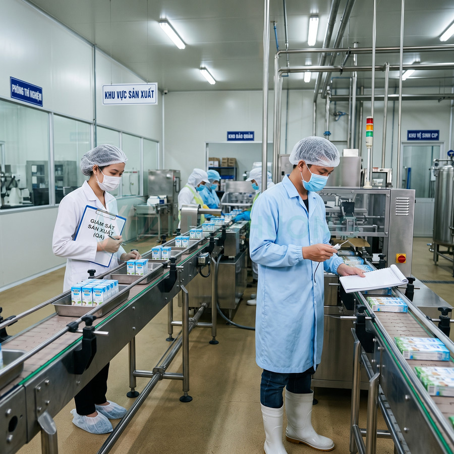 Dây chuyền sản xuất sữa hộp tiệt trùng với nhân viên kiểm tra chất lượng trong nhà máy