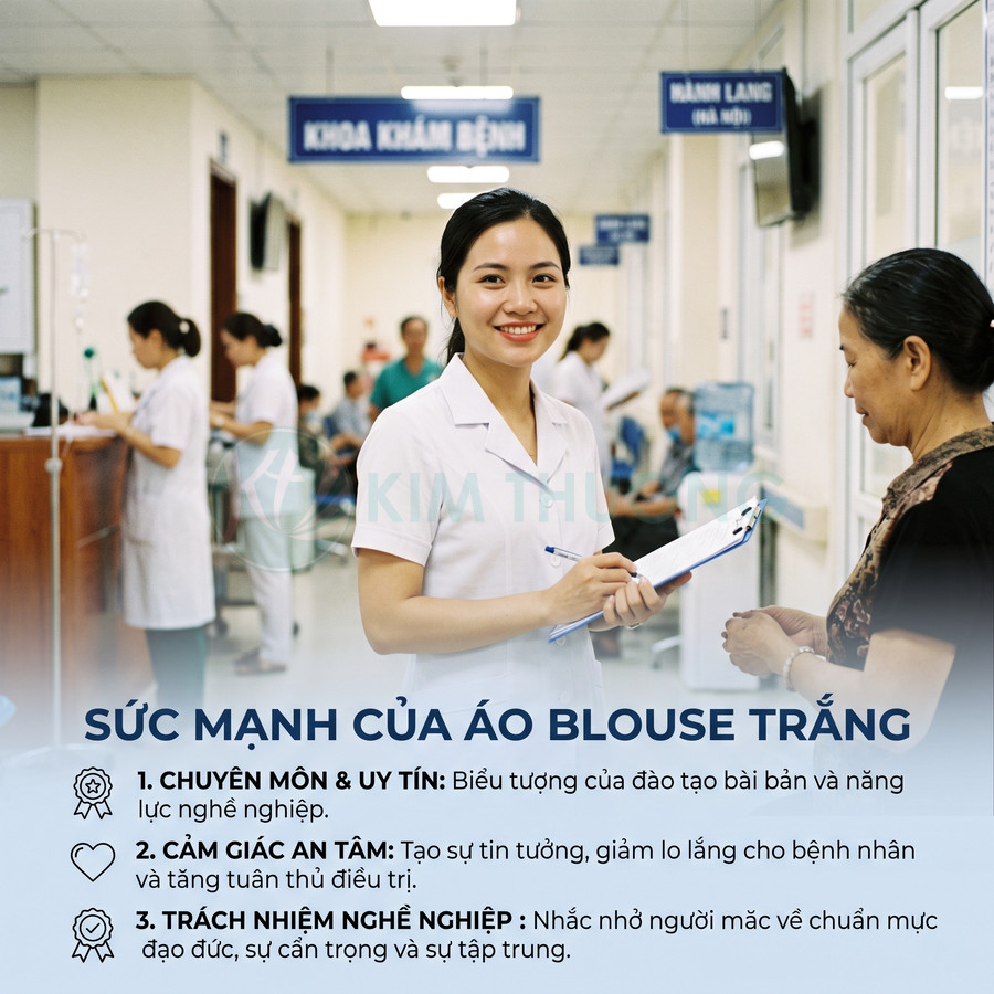 Nữ bác sĩ mặc áo blouse trắng tư vấn bệnh nhân tại hành lang khoa khám bệnh trong bệnh viện