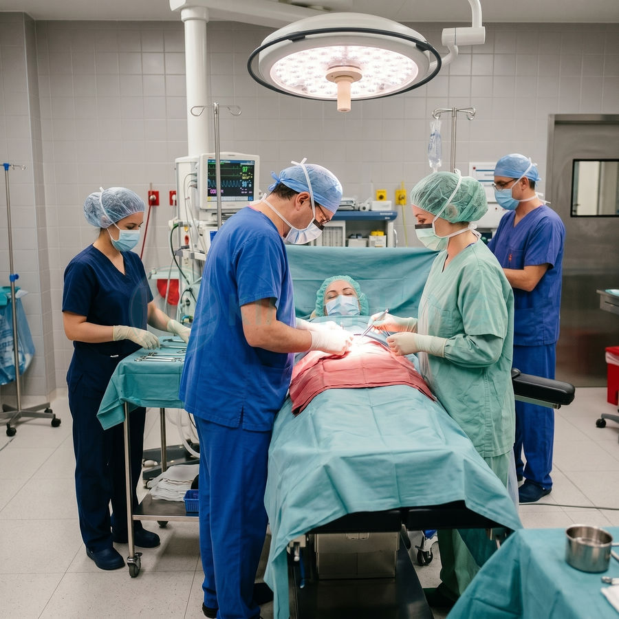 Bác sĩ phẫu thuật và ê kíp đang mổ cho bệnh nhân trên bàn mổ trong phòng phẫu thuật hiện đại