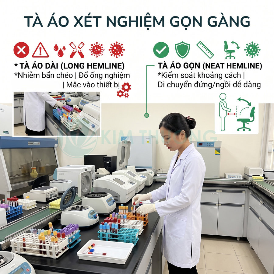 Nhân viên phòng thí nghiệm mặc áo blouse xét nghiệm gọn gàng làm việc với ống nghiệm trên bàn thiết bị y tế
