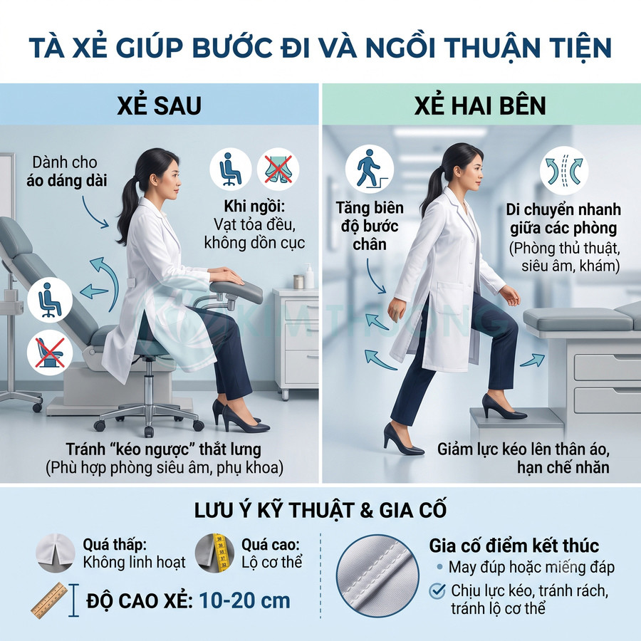 Áo blouse bác sĩ xẻ sau và xẻ hai bên giúp bước đi, ngồi khám bệnh thuận tiện, hạn chế nhăn và kéo căng vải