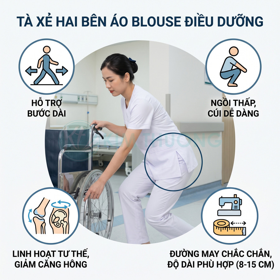 Áo blouse điều dưỡng xẻ hai bên hỗ trợ vận động linh hoạt khi đẩy xe lăn trong bệnh viện