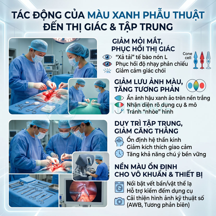 Bác sĩ phẫu thuật mặc đồ xanh đang mổ trong phòng mổ với dụng cụ y tế và màn hình nội soi