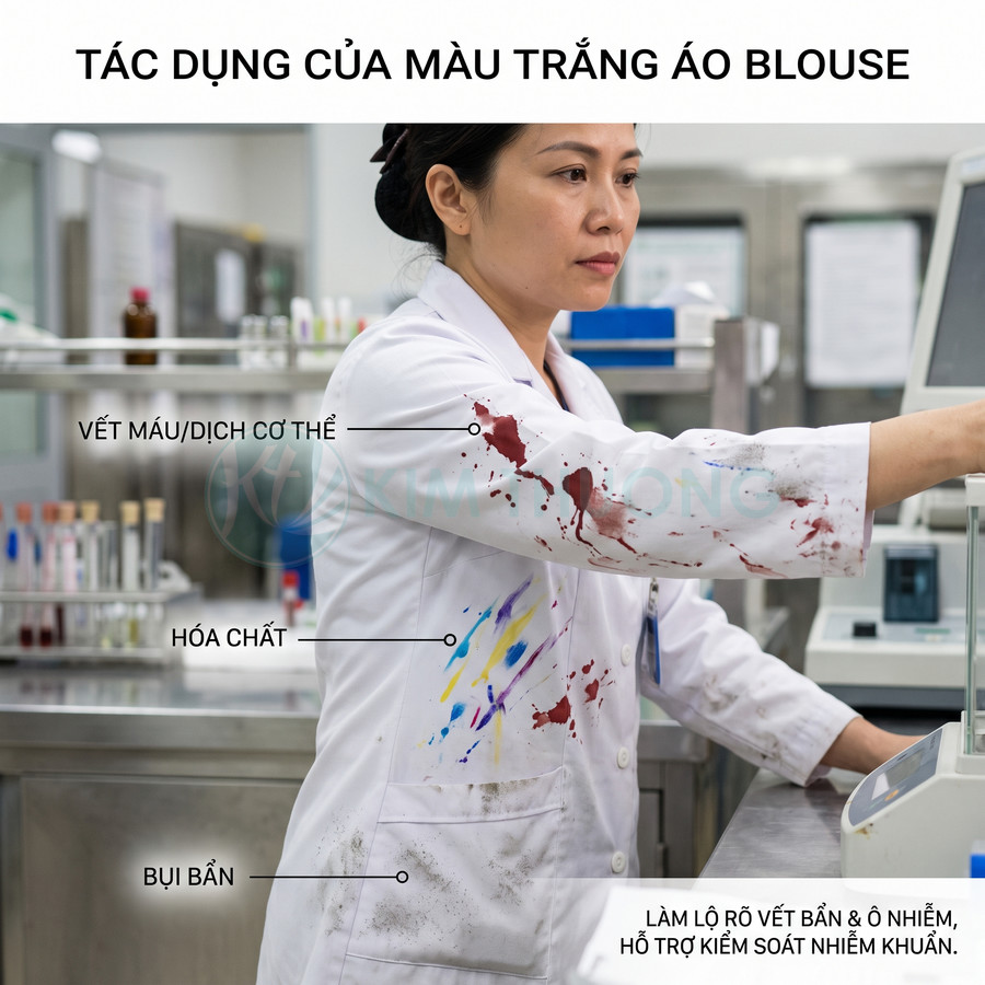 Áo blouse trắng phòng thí nghiệm dính máu hóa chất và bụi bẩn làm nổi rõ vết bẩn hỗ trợ kiểm soát nhiễm khuẩn