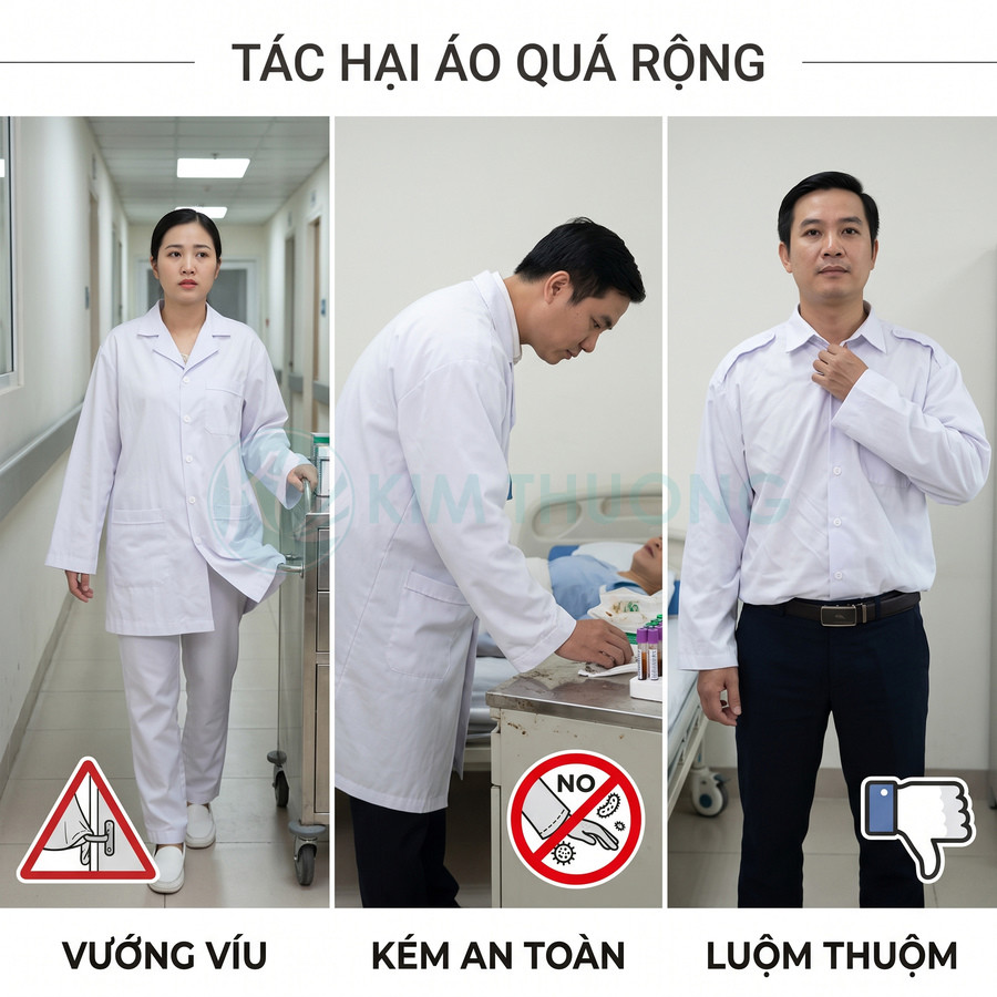 Bác sĩ mặc áo blouse y tế quá rộng gây vướng víu, kém an toàn và trông luộm thuộm trong bệnh viện
