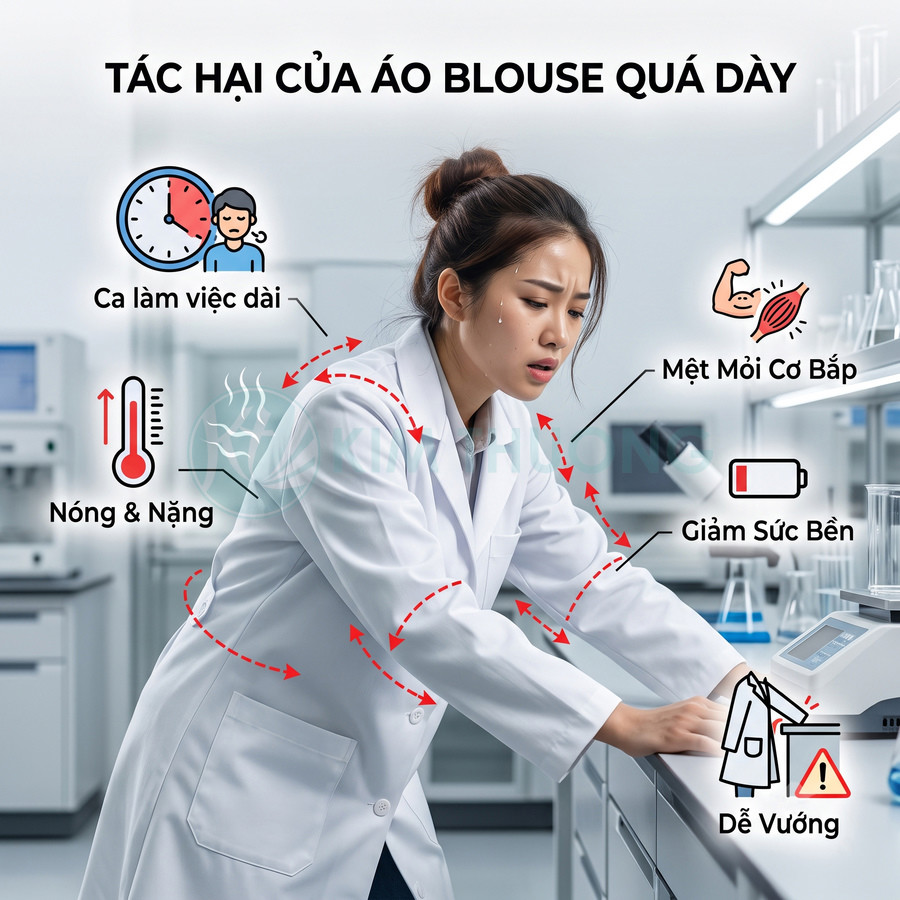 Nữ nhân viên phòng thí nghiệm mệt mỏi vì mặc áo blouse trắng quá dày gây nóng nặng và giảm sức bền