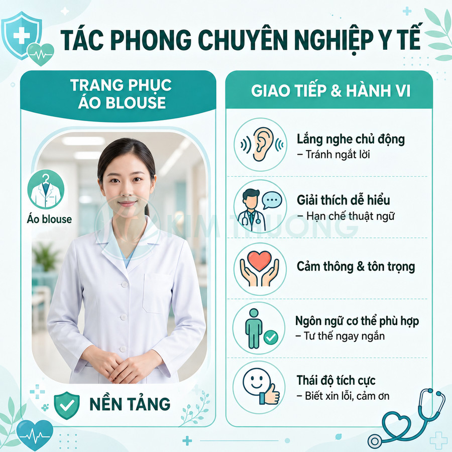 Nữ bác sĩ mặc áo blouse trắng đứng trong bệnh viện, minh họa tác phong chuyên nghiệp y tế