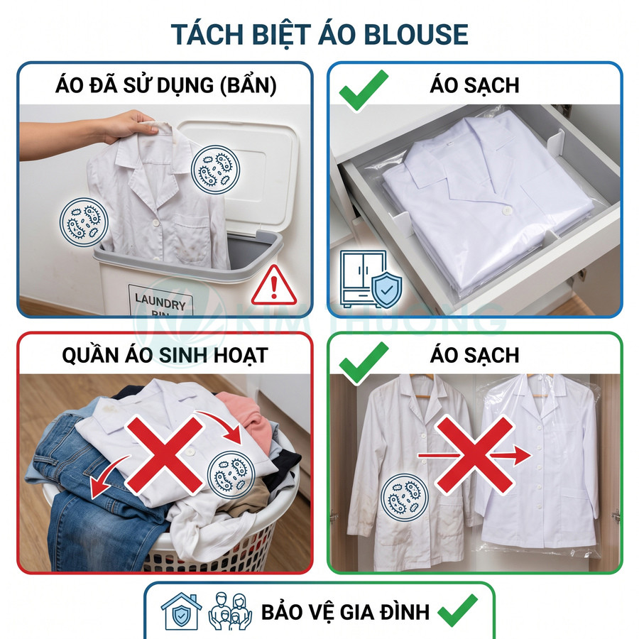 Hướng dẫn tách riêng áo blouse sạch và áo bẩn, không để chung với quần áo sinh hoạt để bảo vệ gia đình