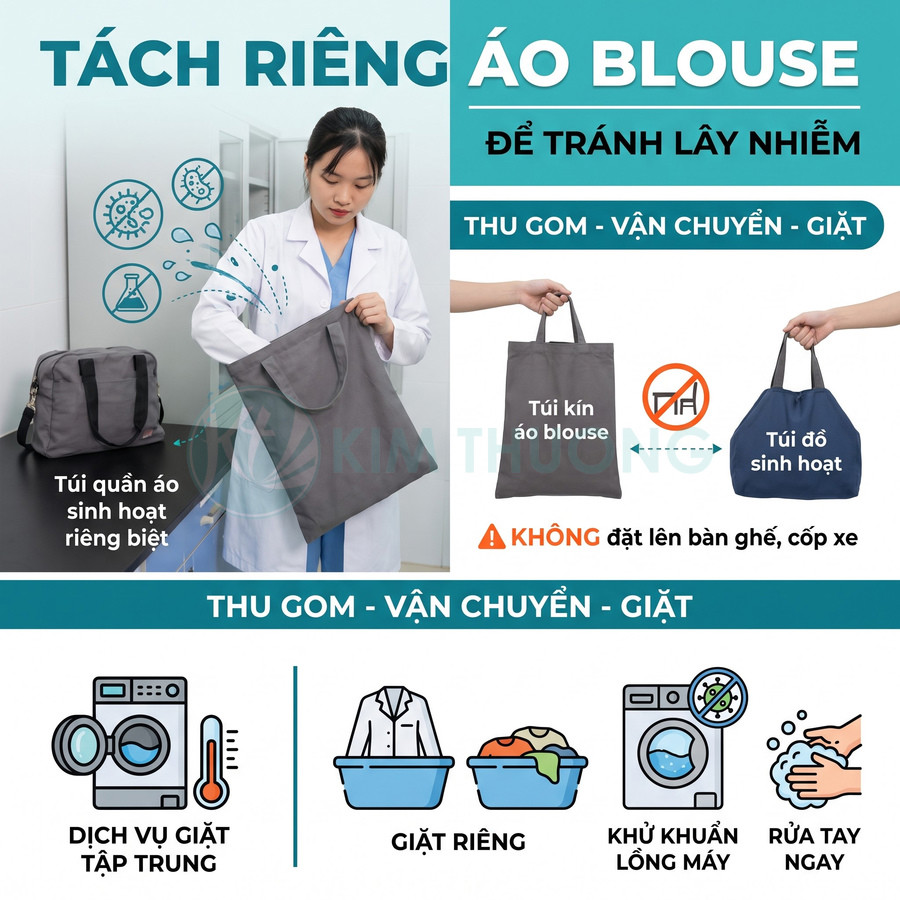Hướng dẫn tách riêng áo blouse y tế trong túi kín để thu gom, vận chuyển và giặt khử khuẩn riêng biệt