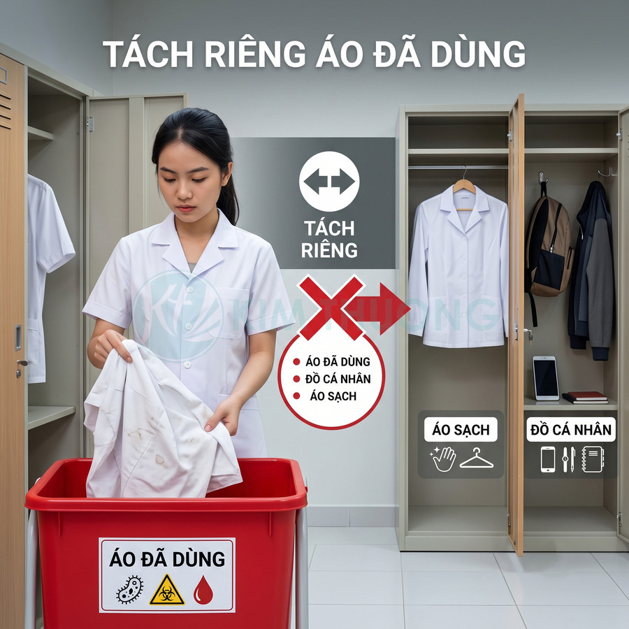 Nhân viên y tế bỏ áo blouse đã dùng vào thùng đỏ, tách riêng với áo sạch và đồ cá nhân trong tủ locker