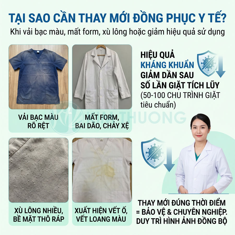 Đồng phục y tế cũ bạc màu, xù lông, ố vàng so sánh với áo blouse mới sạch sẽ của nữ bác sĩ