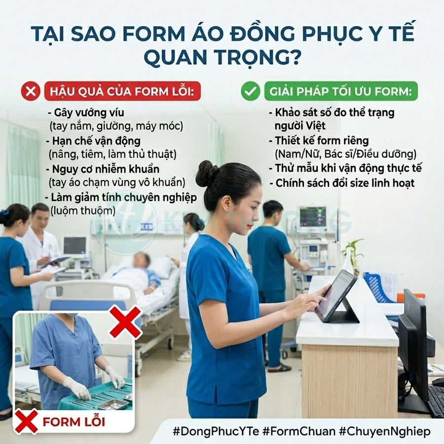 Nhân viên y tế mặc đồng phục y tế form chuẩn màu xanh dương làm việc trong phòng bệnh hiện đại