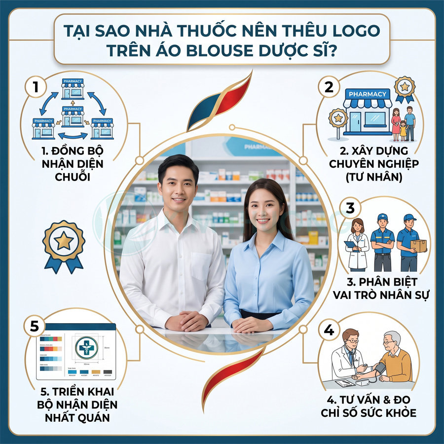 Dược sĩ mặc áo blouse đứng tại quầy nhà thuốc, infographic lý do nên thêu logo trên áo nhân viên