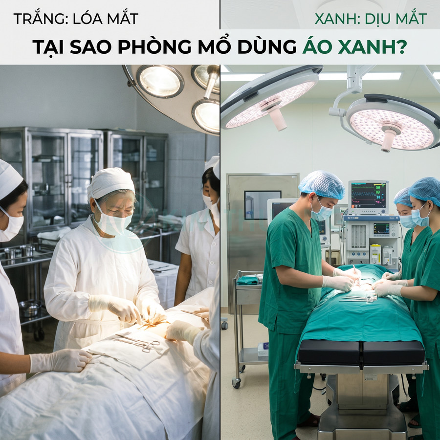 So sánh bác sĩ mặc áo trắng và bác sĩ mặc áo phẫu thuật xanh trong phòng mổ hiện đại