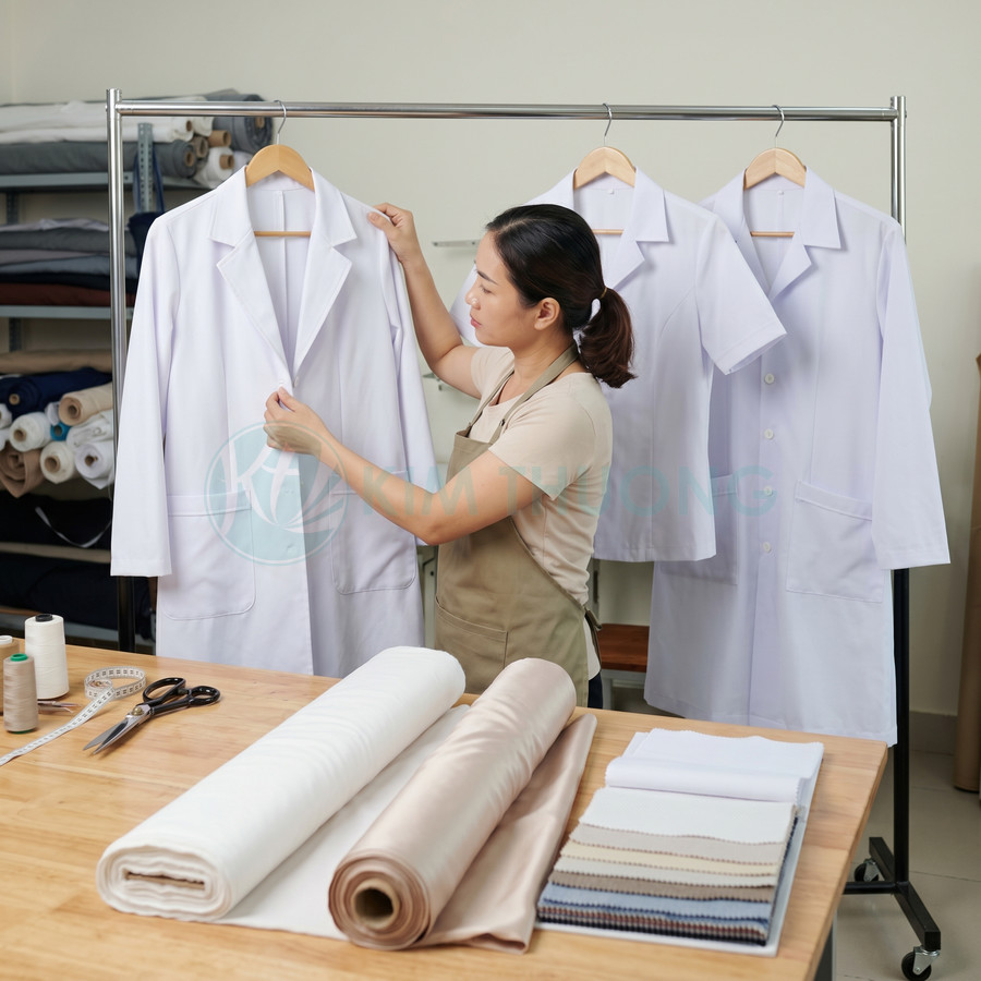 Thợ may kiểm tra áo blouse trắng treo trên giá, phía trước là vải cuộn và mẫu vải trên bàn