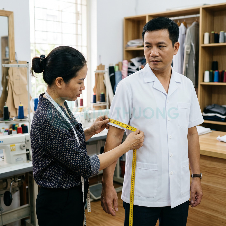 Thợ may đo tay áo cho người đàn ông mặc áo blouse trắng trong xưởng may