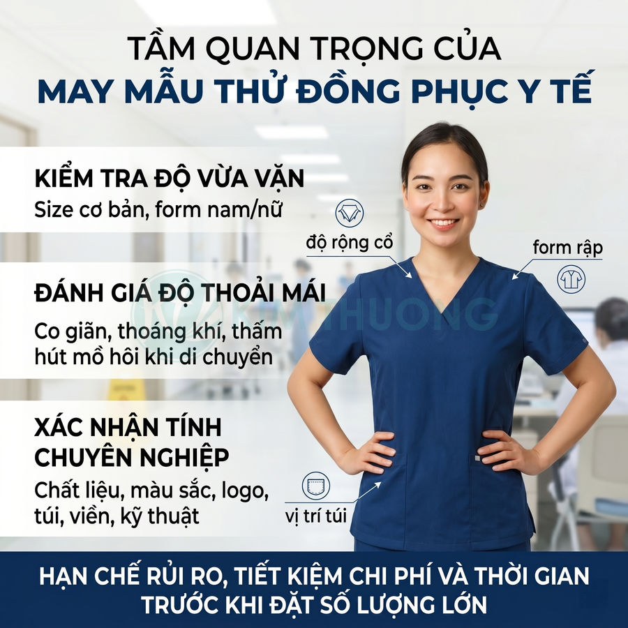 Nữ nhân viên y tế mặc bộ đồng phục y tế màu xanh navy đứng trong bệnh viện, giới thiệu may mẫu thử đồng phục