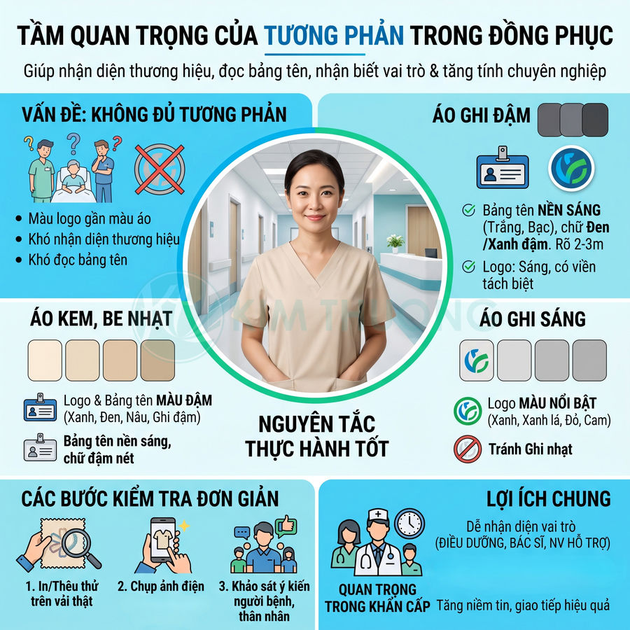 Infographic hướng dẫn chọn màu đồng phục và bảng tên y tá để tăng độ tương phản và nhận diện trong bệnh viện