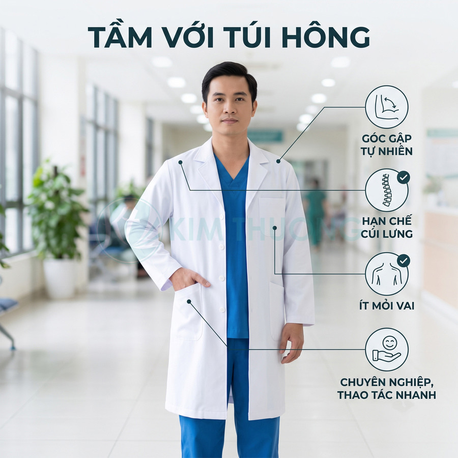 Bác sĩ mặc áo blouse giới thiệu lợi ích tắm với túi hông giúp giảm cúi lưng và thao tác nhanh trong bệnh viện