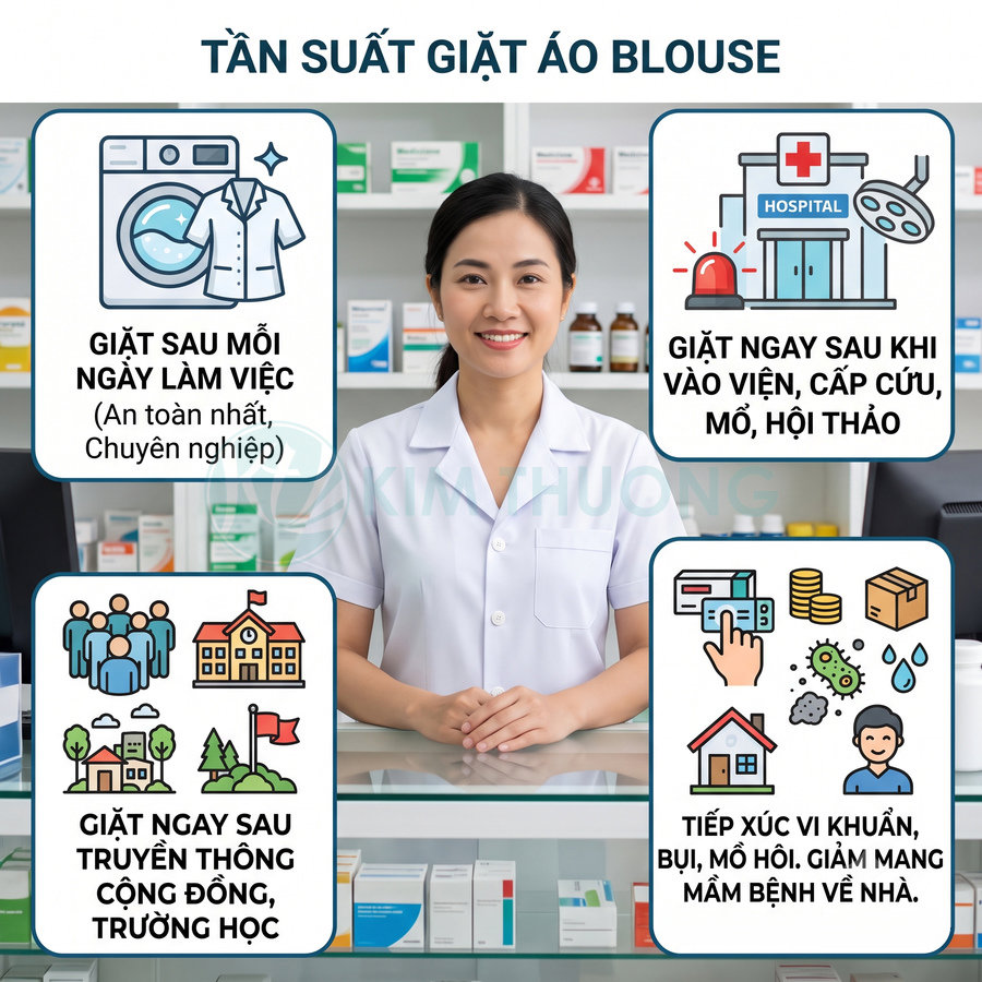 Dược sĩ mặc áo blouse trắng đứng quầy thuốc, infographic hướng dẫn tần suất giặt áo blouse sạch khuẩn
