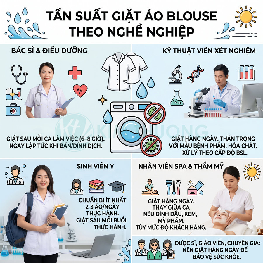 Hướng dẫn tần suất giặt áo blouse cho bác sĩ, điều dưỡng, kỹ thuật viên xét nghiệm, sinh viên y và nhân viên spa
