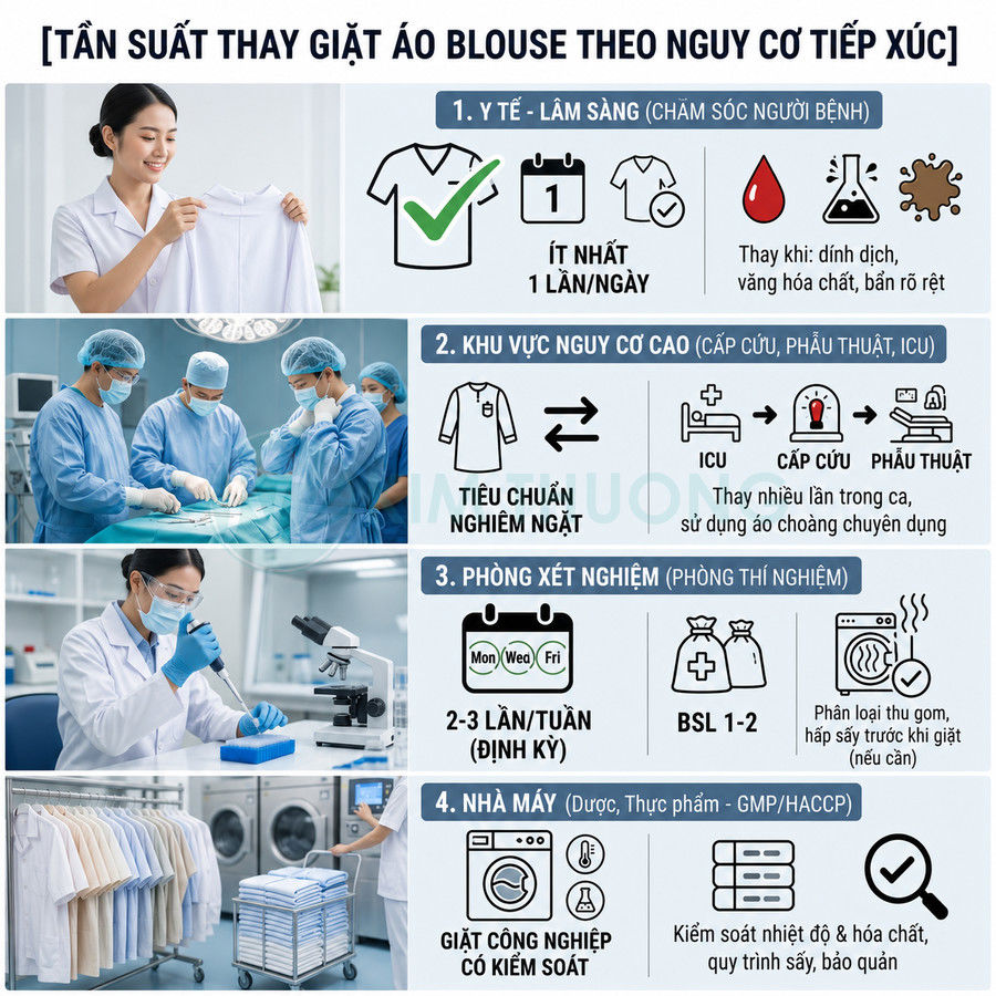Hướng dẫn tần suất thay giặt áo blouse y tế theo từng khu vực làm việc và mức độ nguy cơ tiếp xúc