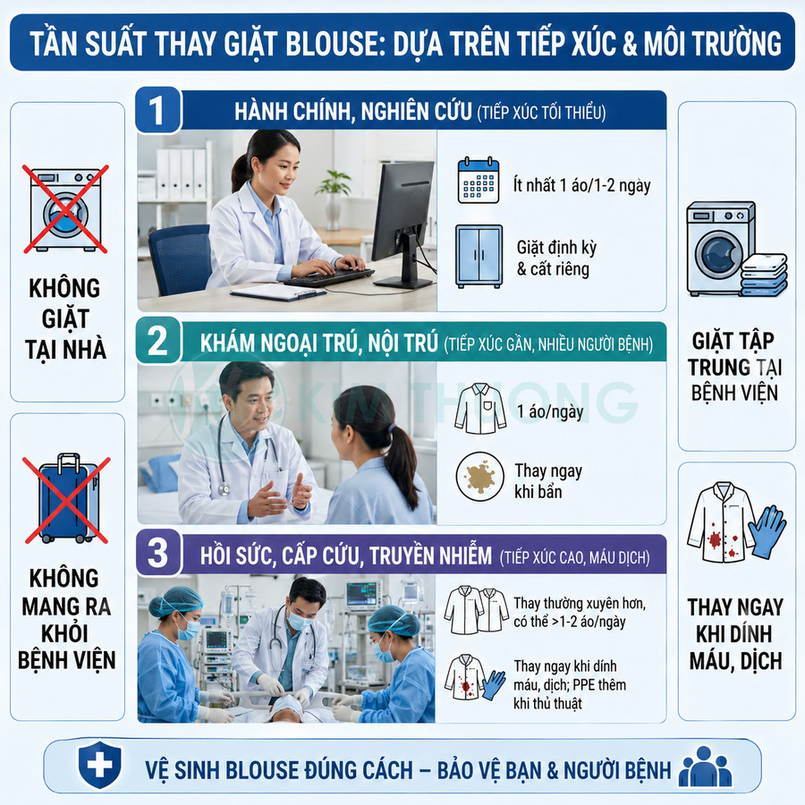 Hướng dẫn tần suất thay giặt áo blouse cho nhân viên y tế theo mức độ tiếp xúc và môi trường