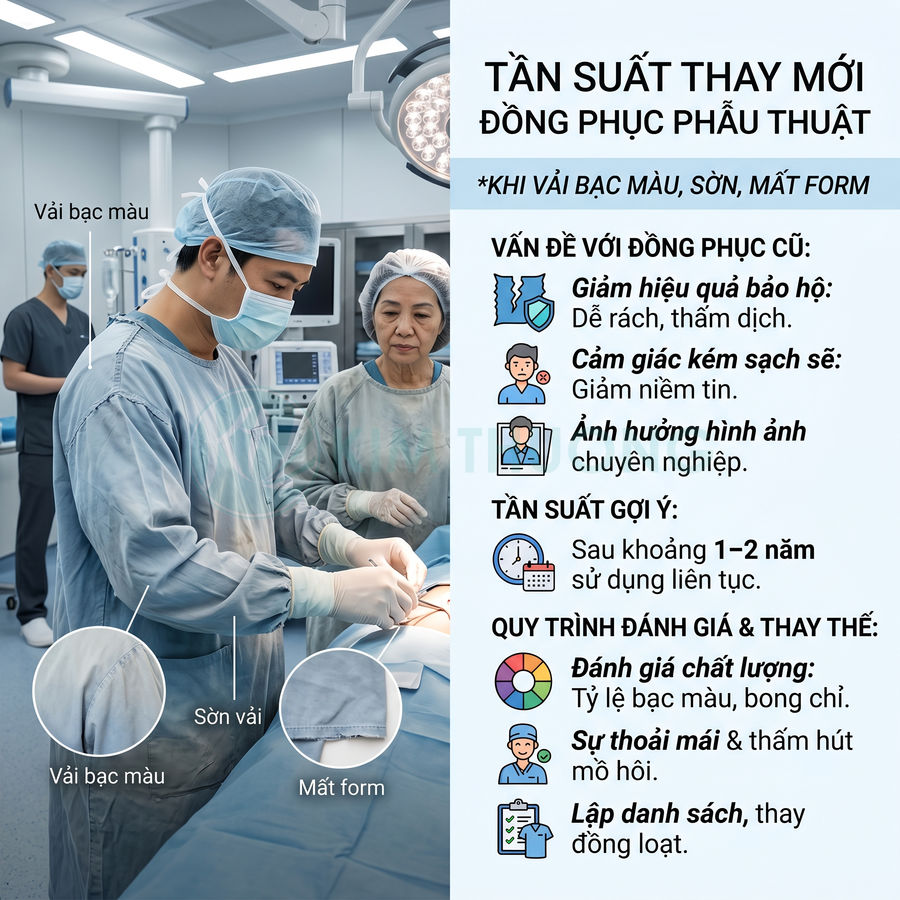 Bác sĩ phẫu thuật mặc đồng phục mổ đã bạc màu sờn vải, minh họa tần suất cần thay mới đồng phục y tế