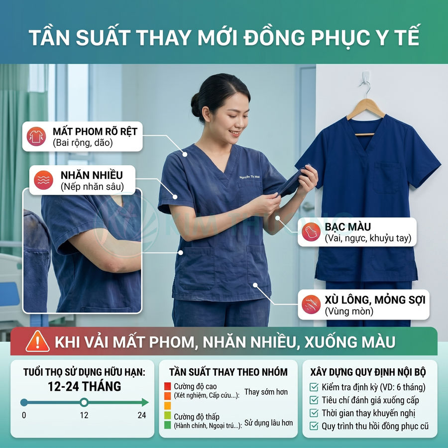 Đồng phục y tế màu xanh navy trên người nữ nhân viên và treo trên móc, minh họa dấu hiệu cần thay mới