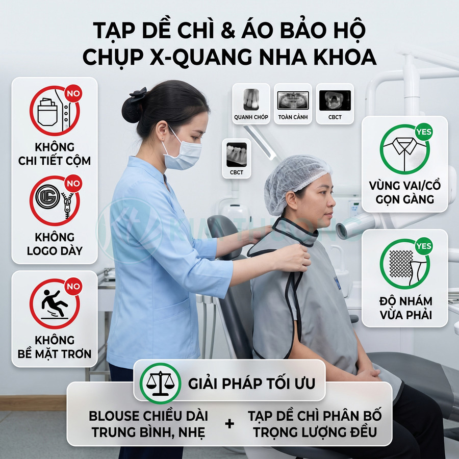 Nhân viên nha khoa mặc blouse điều chỉnh tạp dề chì và áo bảo hộ X quang cho bệnh nhân trong phòng khám