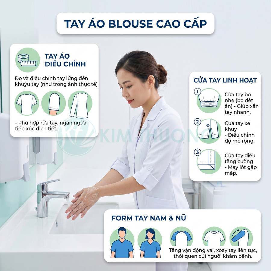 Áo blouse tay áo điều chỉnh cao cấp cho nhân viên y tế, nữ bác sĩ rửa tay tại bồn rửa trong bệnh viện