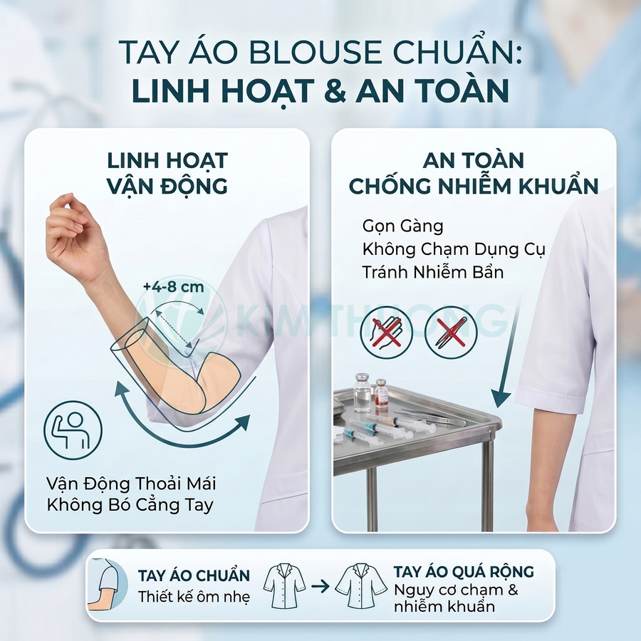 Tay áo blouse y tế thiết kế ôm gọn, linh hoạt vận động và hạn chế chạm dụng cụ tránh nhiễm khuẩn