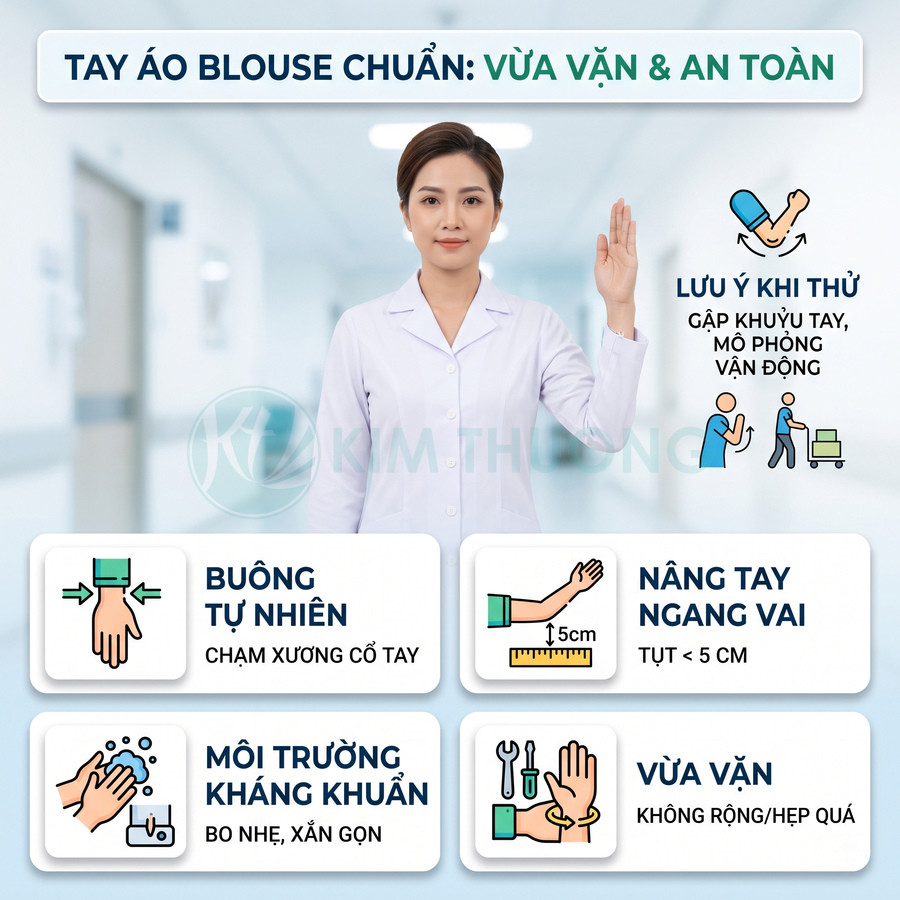 Áo blouse bác sĩ tay dài vừa vặn, bo nhẹ cổ tay, thiết kế kháng khuẩn phù hợp môi trường y tế