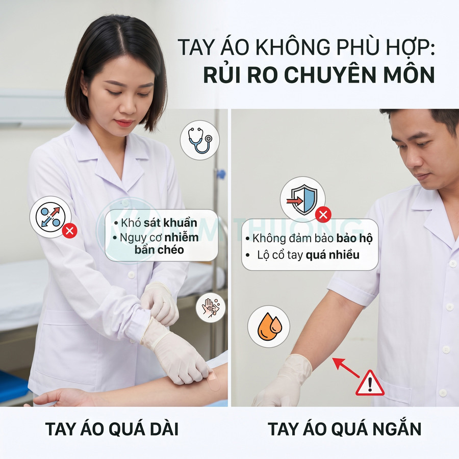 So sánh tay áo blouse y tế quá dài và quá ngắn, minh họa rủi ro khi khám chữa bệnh