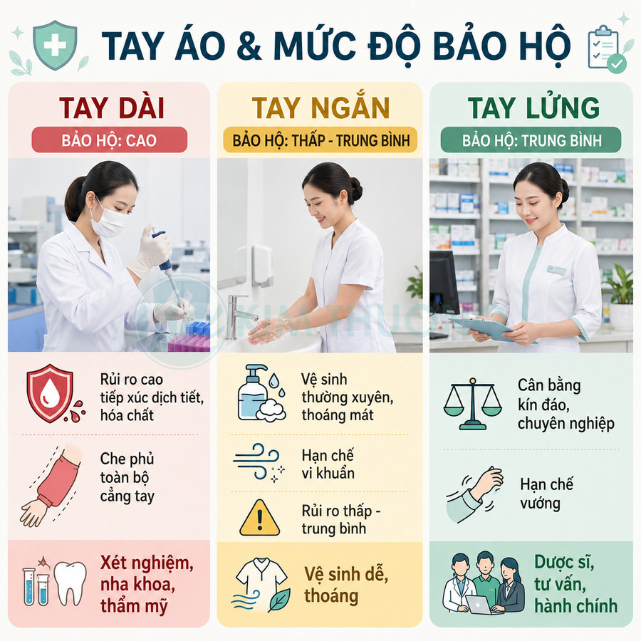 So sánh áo blouse tay dài, tay ngắn, tay lửng và mức độ bảo hộ cho nhân viên y tế