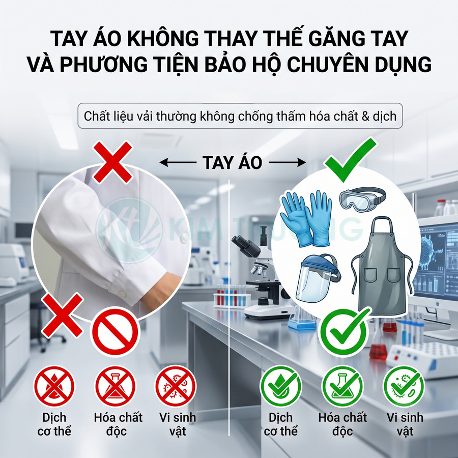 Trang bị găng tay, kính, tấm che mặt và tạp dề bảo hộ chuyên dụng trong phòng thí nghiệm