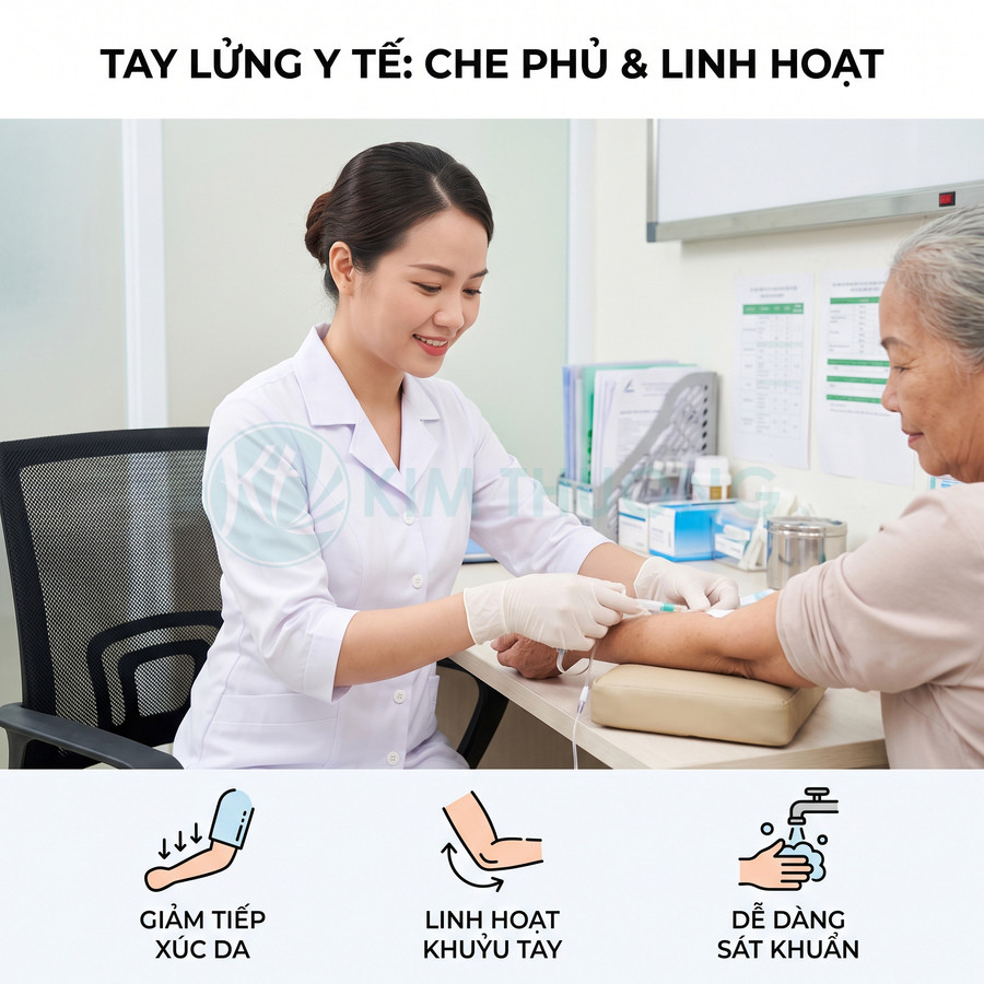 Tay lưng y tế che phủ khuỷu tay, giúp điều dưỡng thao tác linh hoạt và dễ dàng sát khuẩn khi lấy máu