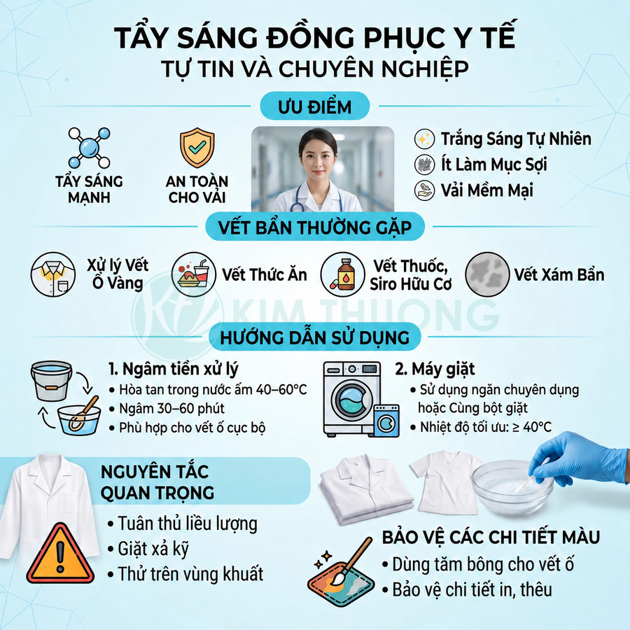 Hướng dẫn tẩy sáng đồng phục y tế trắng, an toàn cho vải và xử lý các vết bẩn thường gặp