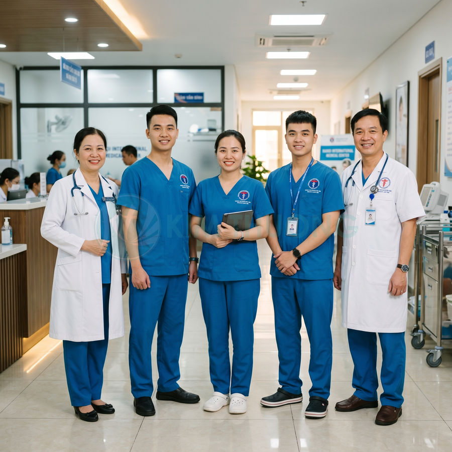 Đội ngũ bác sĩ và điều dưỡng mặc đồng phục xanh trắng đứng trong hành lang bệnh viện hiện đại