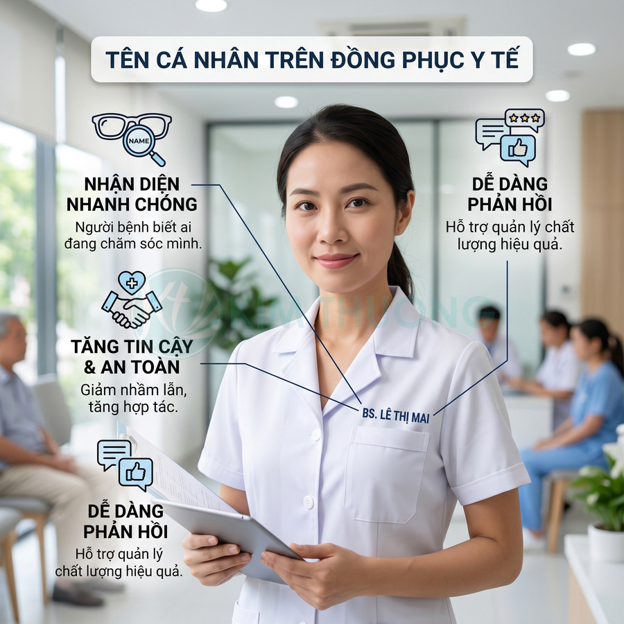 Nữ bác sĩ mặc đồng phục y tế in tên cá nhân BS Lê Thị Mai, cầm hồ sơ trong phòng khám hiện đại