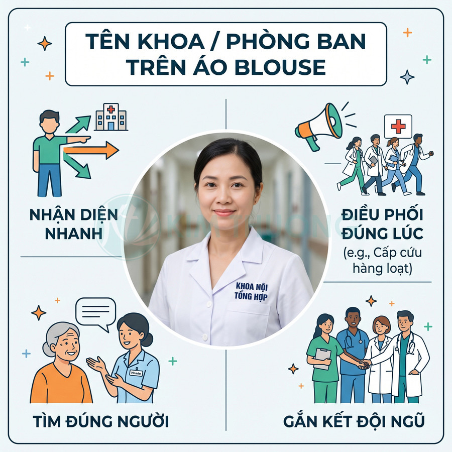 Bác sĩ mặc áo blouse in tên khoa nội tổng hợp, minh họa lợi ích ghi tên khoa trên đồng phục y tế