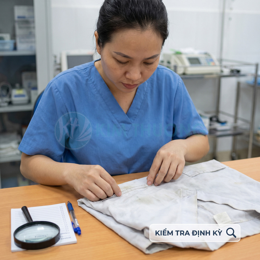 Nhân viên kiểm tra đường may trên áo trắng bằng kính lúp và bảng kiểm tra định kỳ