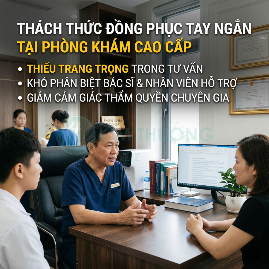 Bác sĩ mặc đồng phục tay ngắn tư vấn bệnh nhân tại phòng khám cao cấp, nhân viên y tế làm việc phía sau
