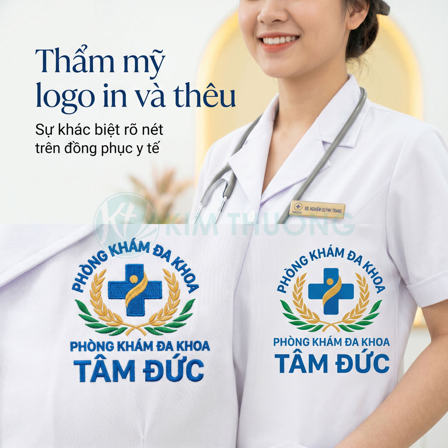 Logo phòng khám đa khoa Tâm Đức thêu trên áo blouse trắng của nhân viên y tế