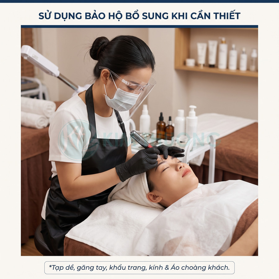 Kỹ thuật viên spa đeo khẩu trang, kính chắn giọt bắn và găng tay đang phun xăm chân mày cho khách hàng