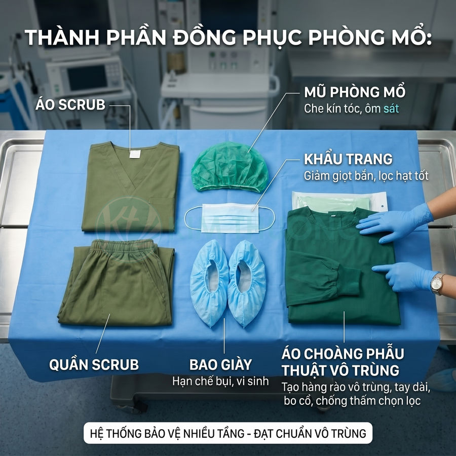 Bộ đồng phục phòng mổ gồm áo quần scrub, áo choàng phẫu thuật vô trùng, mũ, khẩu trang và bao giày