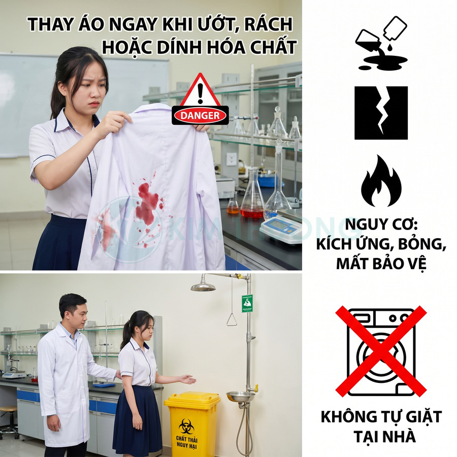 Áo blouse phòng thí nghiệm dính hóa chất cần thay ngay và xử lý như chất thải nguy hại, không giặt tại nhà