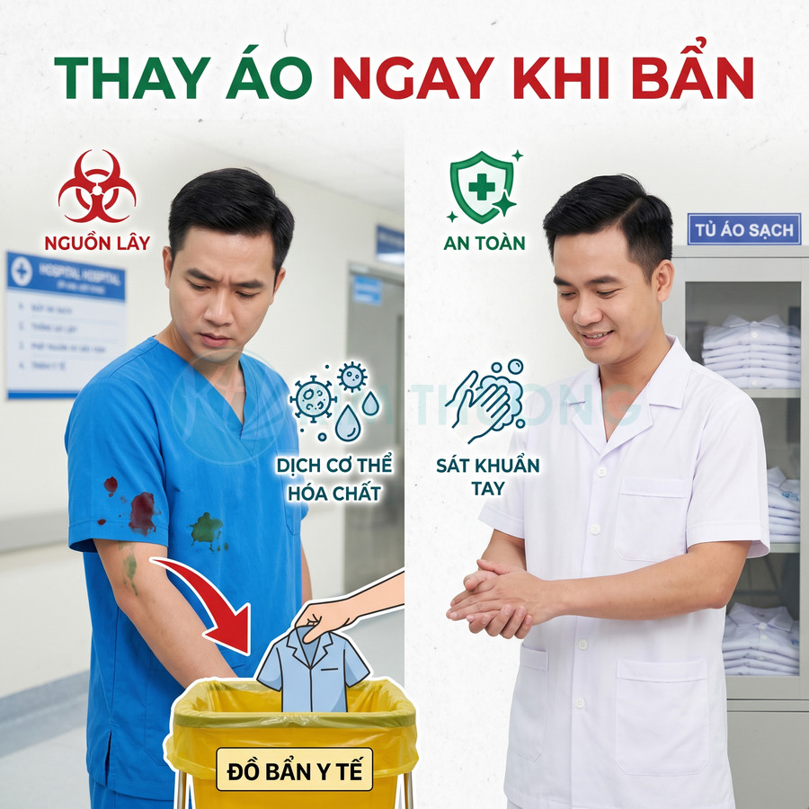 Nhân viên y tế thay áo blouse sạch, bỏ áo bẩn dính dịch vào thùng rác y tế và sát khuẩn tay trong bệnh viện
