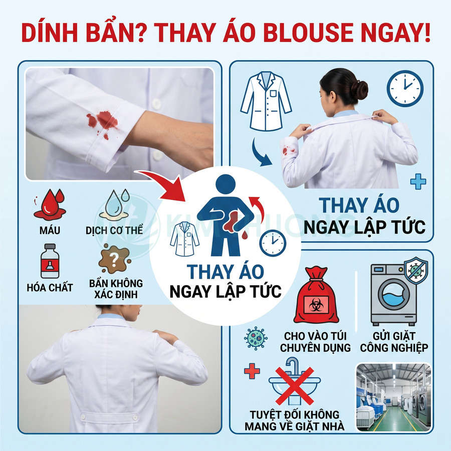 Hướng dẫn thay áo blouse y tế ngay khi dính máu, dịch cơ thể, hóa chất hoặc vết bẩn không xác định