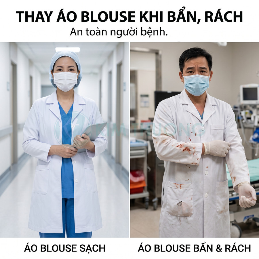 So sánh áo blouse bác sĩ sạch và áo blouse dính bẩn rách trong bệnh viện